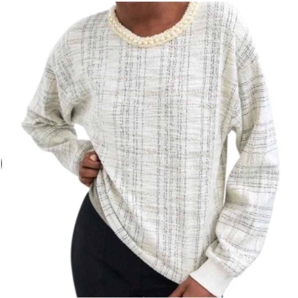 Zara Long Sleeve Crew Neck Sweatshirt Crop with Faux Pearls